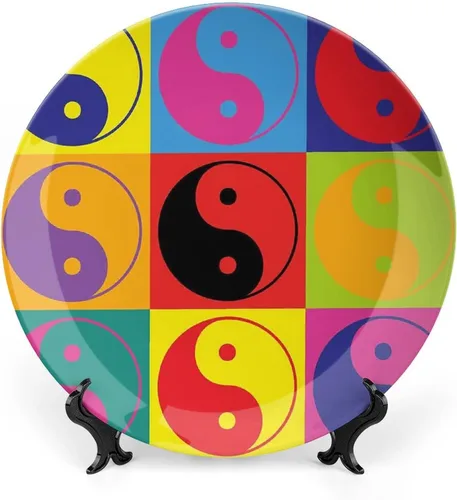 XISUNYA Plato decorativo de 7 pulgadas, cerámica Ying Yang, signos de Yin Yang con estampado de estilo hippie para colgar en la pared para cenas