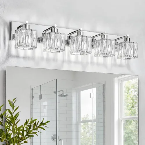 Miniatura 15 de VOLISUN Luces de tocador de cristal – 4 luces modernas de acero inoxidable para baño sobre espejo, acabado cromado – Certificado UL