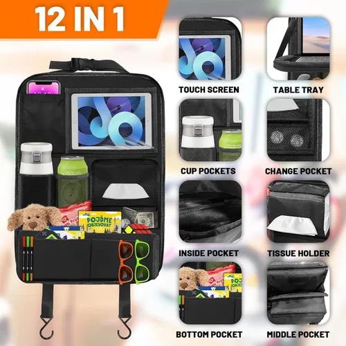 Miniatura 3 de Organizador de asiento trasero de automóvil con bandeja de mesa, organizador de almacenamiento de 12 bolsillos con soporte para tableta, organizador