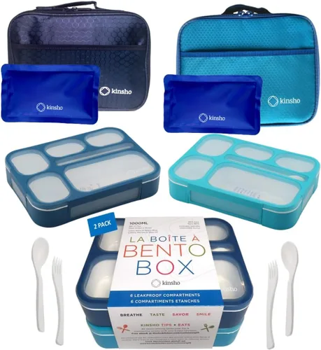 Bento-Box - Juego de lonchera aislada y paquete de hielo. Loncheras, contenedores de bocadillos para niños, niñas y adultos. 6 compartimentos, cajas