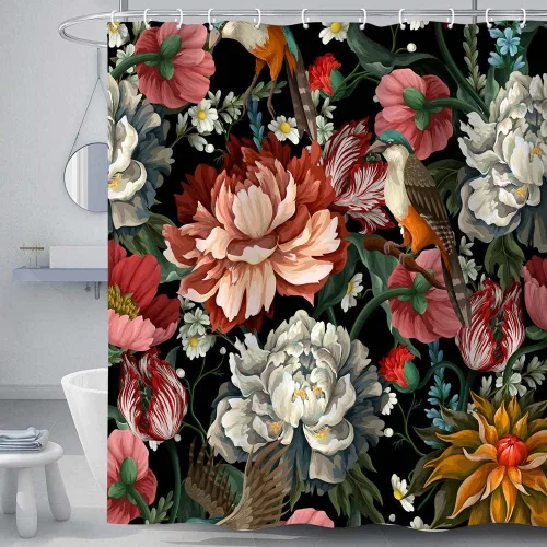 Miniatura 30 de Torich Cortina de ducha floral bohemia, abstracta de mediados de siglo, decoración bohemia, cortinas de baño, flores botánicas, hojas tropicales