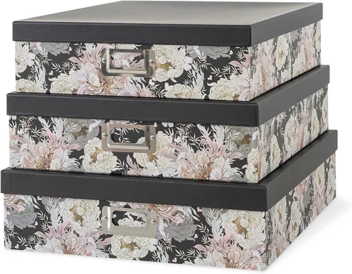 Miniatura 11 de Soul & Lane Cajas de almacenamiento decorativas en blanco y negro con tapas para organizar, juego de 3 cajas de almacenamiento jumbo para álbumes