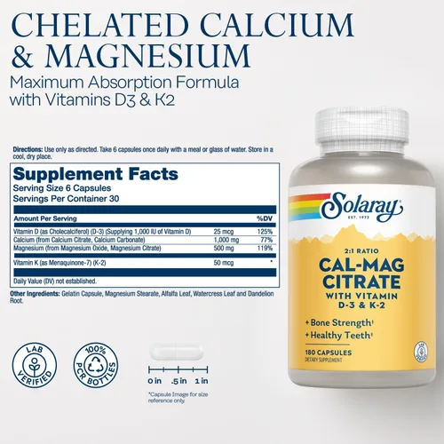Miniatura 2 de SOLARAY Citrato de calcio y magnesio con vitamina D3 K2 - Suplementos de calcio para mujeres y hombres - Apoyo a la salud ósea y cardíaca