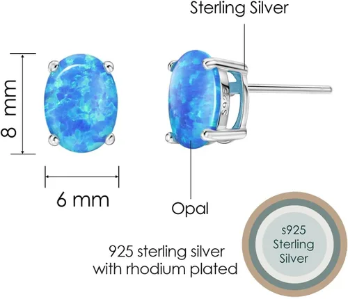 Miniatura 6 de Sterling Silver Opal Stud Earrings for Women Solitaire 6x8mm Oval Cut Opal Gemstone Earrings for Girls