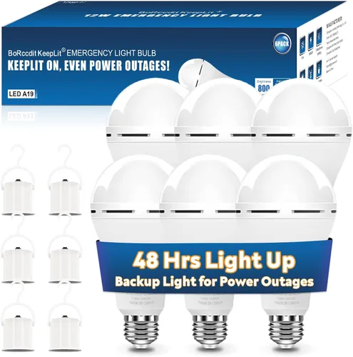 Miniatura 9 de BoRccdit KeepLit - Paquete de 6 bombillas recargables de emergencia, 48H de larga duración y 3 niveles de brillo para cortes de energía, 12W 3000K