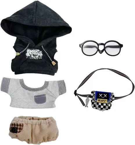 niannyyhouse Ropa de muñeca de felpa de 5.9 in con capucha, jeans, camiseta, gafas, mochila, juguete de peluche suave, accesorios de vestir (negro,
