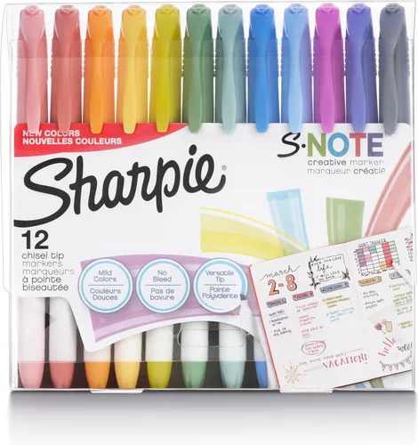 Sharpie S-Note - Marcadores creativos, resaltadores en colores pastel, juego de marcadores de arte, colores surtidos, punta de cincel, 12 unidades