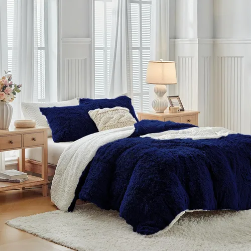 Miniatura 10 de UOZZI BEDDING - Juego de edredón de pelo sintético negro, tamaño Queen, 3 piezas, 1 edredón afelpado negro de 90x90 y 2 fundas de almohada, ultra