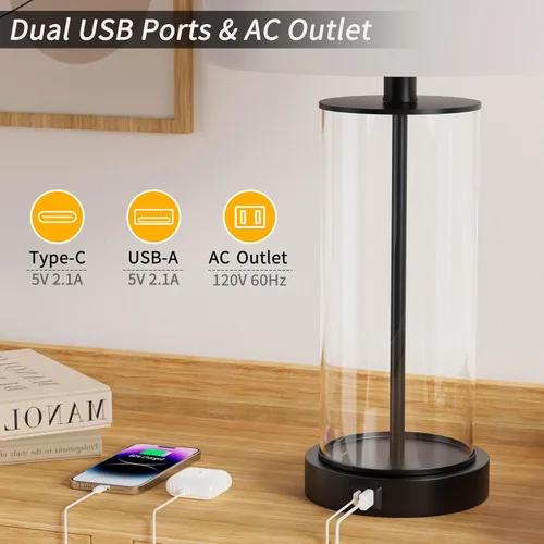 Miniatura 2 de Juego de 2 lámparas de mesa de cristal transparente de 23 pulgadas con puertos USB y salida de corriente alterna, bombillas de lámpara de mesa