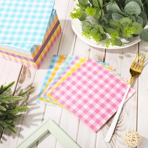 Miniatura 4 de Whaline 120 servilletas de cóctel a cuadros de primavera, 6 colores pastel arco iris, servilletas de papel a cuadros, desechables para primavera