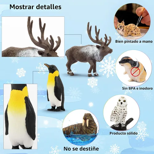 Miniatura 5 de Toymany Juego de 14 mini figuras de animales árticos, juguetes de animales polares con oso polar, caribú, pingüino, morsa, lobo, figuras