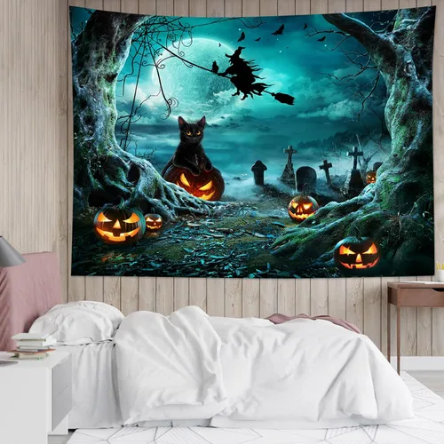 Miniatura 20 de LB Tapiz espeluznante de cementerio de Halloween, lápida aterradora con árboles muertos, tapiz de bosque para colgar en la pared, tapiz de fondo