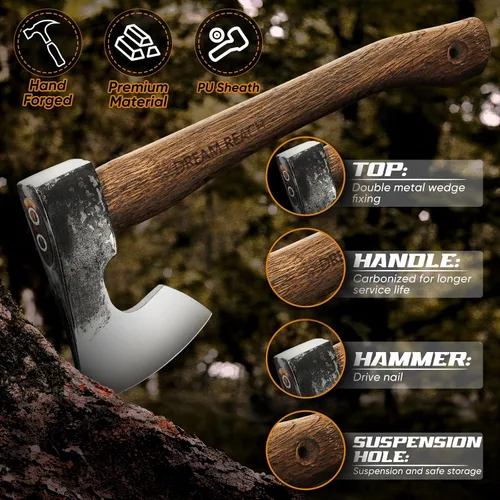 Miniatura 5 de Dream Reach Hacha con Mango Carbonizado de 14.5" Hacha de Camping con Funda Hacha de Bushcraft con Mango Carbonizado, Ejes de Tallado Forjados a