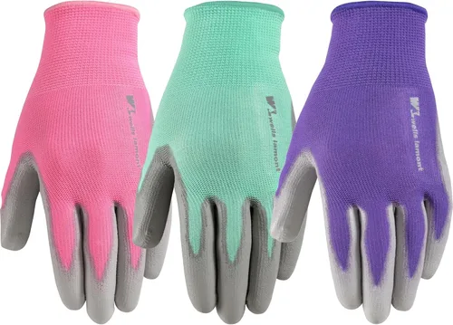 Wells Lamont Guantes de jardinería para mujer, poliéster transpirable, ajuste sin costuras, palma recubierta de poliuretano para agarre y