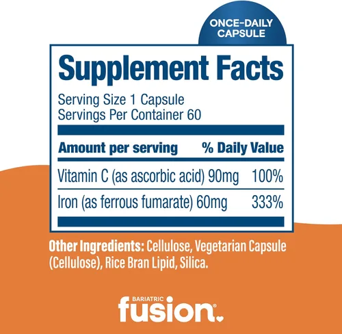 Miniatura 4 de Bariatric Fusion Suplemento de hierro de 60 mg con vitamina C Cápsula fácil de tragar Vitaminas fumarato ferroso para mujeres y hombres Sin
