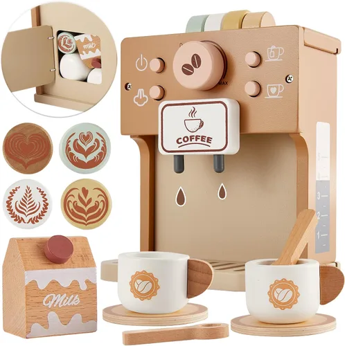 BUYGER Cafetera de juguete para niños, juego de café de madera, juego de juegos de simulación, accesorios de cocina, regalos para niños de 3, 4 y 5