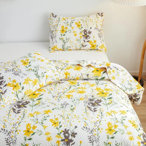 Miniatura 4 de Ycosy Juegos de Edredón Floral Tamaño Twin Reversible Colchas Cubrecamas de Campo Ligeras Edredón de Flores Amarillas Ropa de Cama Hojas Verdes