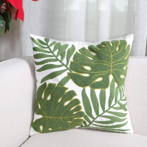 Miniatura 6 de Fundas de almohada bordadas de 18 x 18 pulgadas, decoración del hogar, diseño de hojas verdes tropicales, para sofá, 100% algodón, lona de algodón