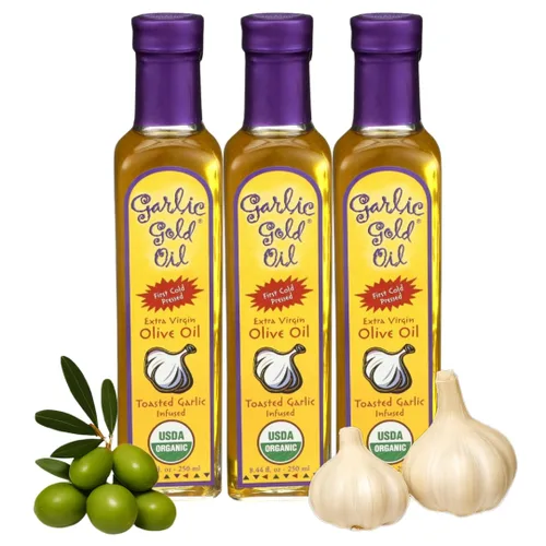 Miniatura 8 de Garlic Gold Aceite de oliva virgen extra infundido con ajo, certificado orgánico USDA premium, bajo FODMAP, prensado en frío (8.5 fl oz, 2 unidades)