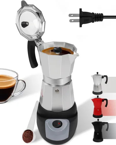 Miniatura 9 de Olla eléctrica Moka con base desmontable, cafetera de aluminio de 10 onzas, 6 tazas, 10.1 fl oz, cafetera italiana negra para cocina y hogar, 110 V