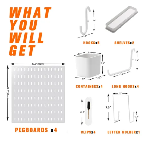 Miniatura 3 de Kit de combinación de tablero de clavijas, 4 tableros de clavijas con 20 accesorios, organizador de pared de tablero de clavijas para oficina, Blanco