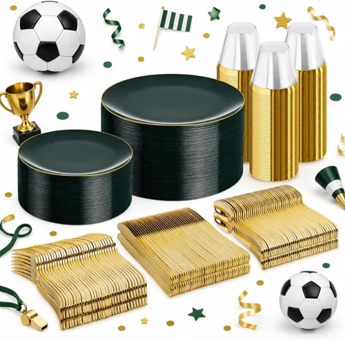 Miniatura 10 de WDF - 150 piezas de platos de plástico negros - Platos desechables negros y dorados - Juegos de vajilla desechables para 25 invitados