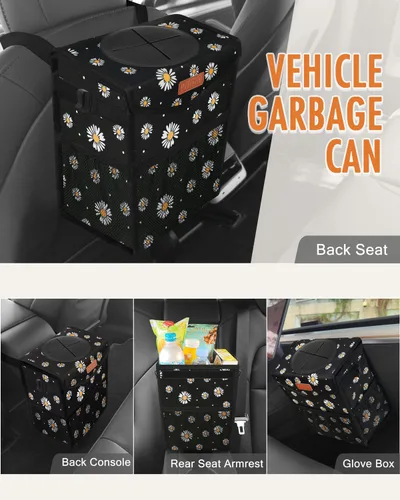 Miniatura 6 de Pritent Bote de basura para automóvil con tapa, bonito cubo de basura a prueba de fugas para colgar del vehículo, pequeño organizador portátil