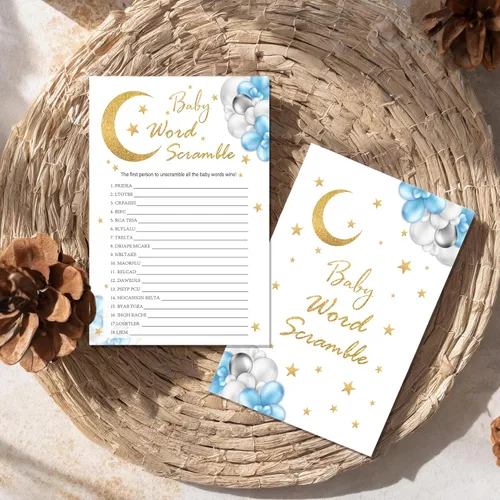 Miniatura 3 de Tarjetas de juego Baby Word Scramble, juegos de baby shower de luna y estrellas, 25 cartas y 1 clave de respuesta