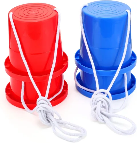 Meooeck 2 pares de zancos para caminar, cubo de equilibrio, zancos de plástico grueso con cuerda ajustable para coordinación de equilibrio de niños,