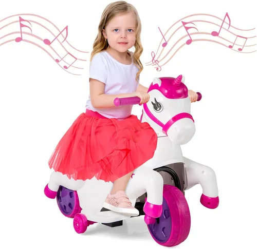 OLAKIDS 2 en 1 motocicleta y caballo, unicornio de 6 V, juguete de paseo con batería con función de arriba y abajo, MP3, pantalla de potencia, Rosa