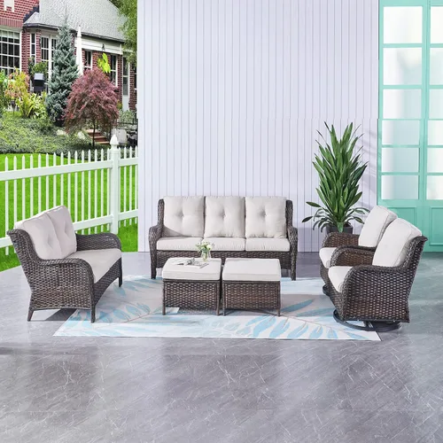 Miniatura 95 de HUMMUH Sillas Mecedoras Giratorias de Mimbre para Patio Exterior con Respaldo Alto, Sillas Deslizantes de Ratán PE, Juego de Muebles de Patio de 4