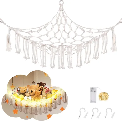 Miniatura 17 de CERETIA Hamaca de animales de peluche con luz LED, red grande de almacenamiento en esquina de animales de peluche para decoración de habitación