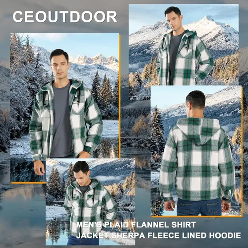 Miniatura 6 de Ceoutdoor Chaqueta de franela con capucha para hombre, forro polar, camisa de franela a cuadros con cremallera, sudadera con capucha de sherpa