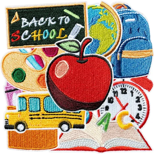 9 piezas de parches para planchar de regreso a la escuela coloridos ABC lápiz autobús escolar para coser reparación bordado aplicación DIY