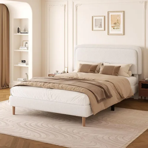 Miniatura 11 de Marco de cama tapizado Boucle de tamaño matrimonial con cabecera ajustable, cama de nube suave, no necesita somier, fácil montaje, sin ruido