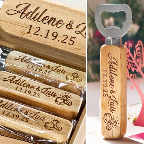 Miniatura 5 de Regalos de boda personalizados para invitados, juego de abrebotellas de madera con el nombre personalizado de la pareja y la fecha de la boda