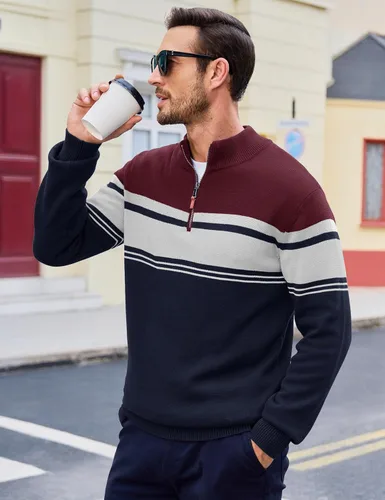 Miniatura 33 de MAGCOMSEN Suéteres de algodón con cremallera de 1/4 para hombre, suéter tipo polo, a rayas, para otoño e invierno, sudaderas cálidas
