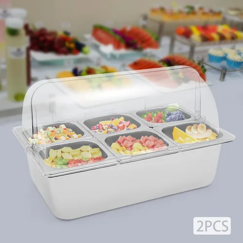 Miniatura 8 de Recipiente de exhibición de alimentos para encimera, 6 sartenes, bandeja de acero inoxidable para servir alimentos helados con cubierta superior