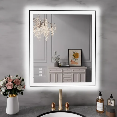 Miniatura 41 de Espejo de baño LED de 60x36 pulgadas con marco negro, espejos de baño retroiluminados y con luz frontal para pared, antiempañamiento, regulable