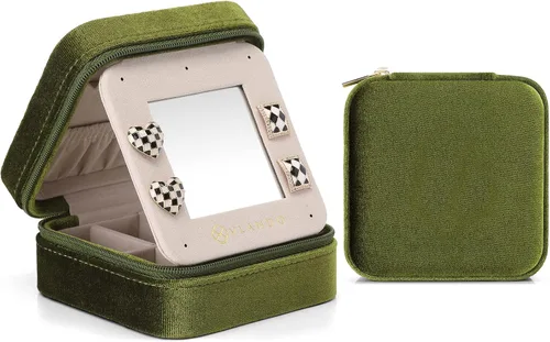 Vlando Joyero de viaje y organizador, pequeñas cajas organizadoras de joyas para niñas, espejo de terciopelo para aretes, collares, anillos,
