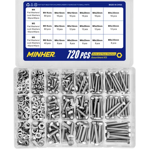 Miniatura 2 de MINHER Kit surtido de 720 tornillos y tuercas M4 M5 M6, acero inoxidable 304 (18-8), tornillos hexagonales tuercas y arandelas, incluye 15 tamaños
