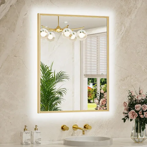 TETOTE Espejo de baño retroiluminado de 24 x 32 pulgadas, marco de metal dorado cepillado, luz LED tocador, 3 colores, blanco/cálido/natural, sin