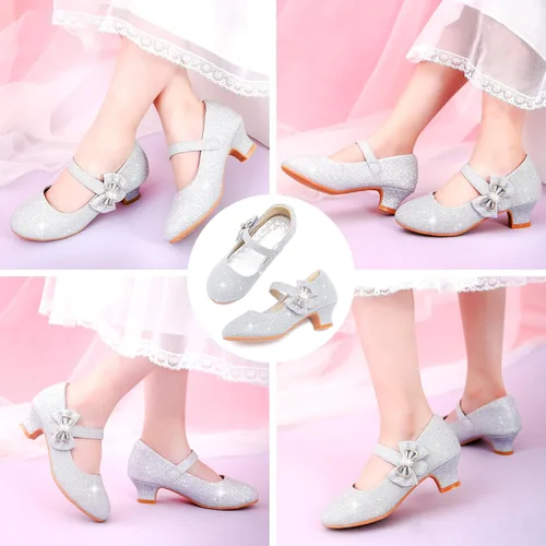Miniatura 7 de Dufannie Zapatos de vestir para niñas, zapatos de tacón bajo de princesa, zapatos planos con purpurina para bodas y fiestas