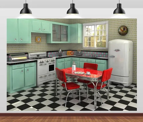 Miniatura 3 de Telón de fondo retro de tela de 5 x 3 pies para fotografía interior, cocina, comedor, escena, fondo de los años 50, decoración de cumpleaños