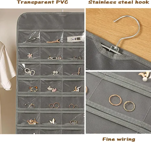 Miniatura 7 de AARAINBOW Organizador de joyas colgante de doble cara con 80 bolsillos, colgador de joyas para aretes, collares, anillos en armario, pared, puerta