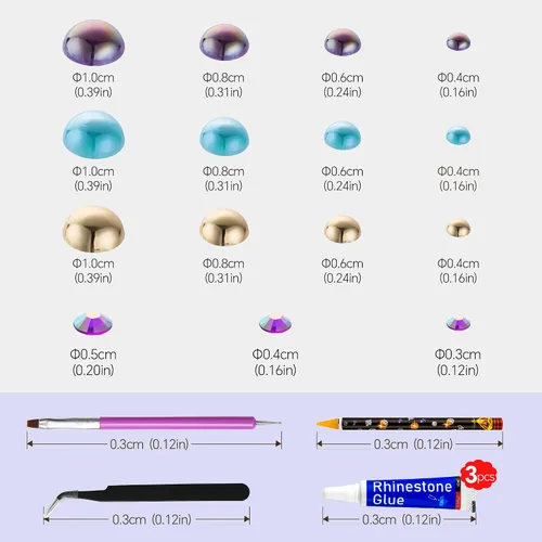 Miniatura 3 de 60g de Perlas Acuamarina Dorada con Diamantes de Imitación para Manualidades Tamaño Mixto 3mm-10mm Color AB Redondas Perlas Medias Planas Conjunto