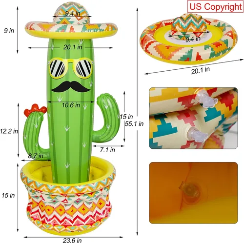 Miniatura 2 de Triumpeek Enfriador inflable de cactus, cubeta de hielo de cactus de fiesta de 55 pulgadas con sombreros para piscina de verano, suministros