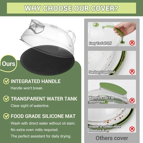 Miniatura 2 de Cubierta antisalpicaduras para microondas para alimentos, tapa transparente con vaporizador de agua, asa integrada, protector contra salpicaduras