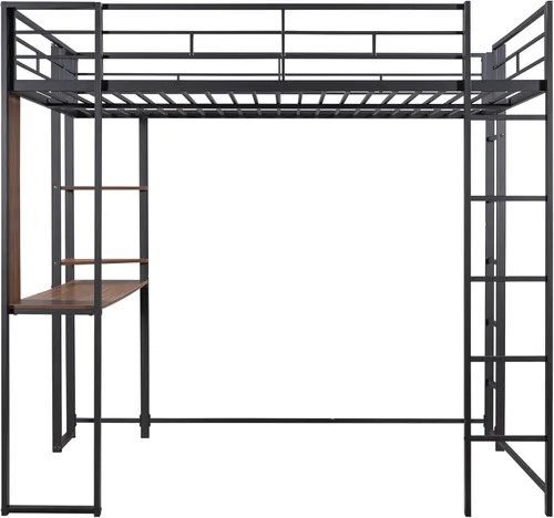 Miniatura 9 de Merax Cama alta de metal de tamaño matrimonial que ahorra espacio con 2 estantes y 1 escritorio, dos escaleras integradas y barandillas, no necesita