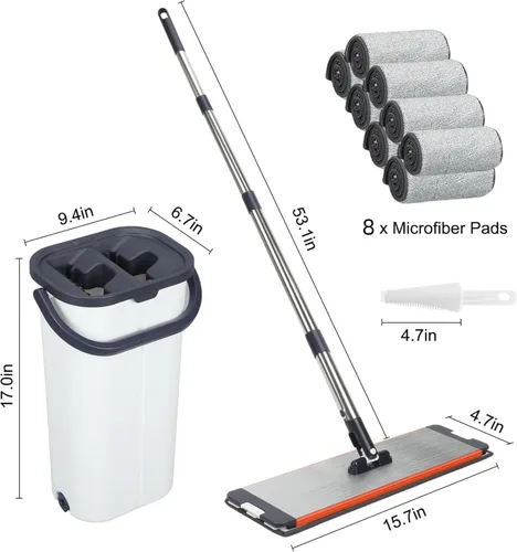 Miniatura 2 de Juego de trapeador giratorio de doble cubo de 16 pulgadas, sistema de escurrir manos libres, trapeador plano giratorio de 360° con agua limpia
